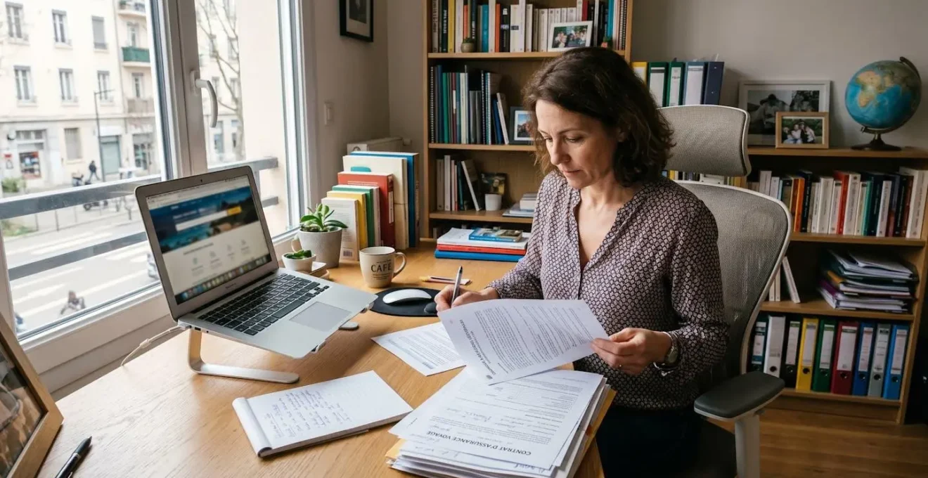 Personne consultant des documents d'assurance voyage à son bureau moderne avec ordinateur portable et justificatifs organisés