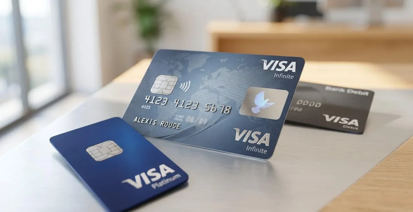 Gros plan de trois cartes bancaires Visa posées sur une surface claire et contemporaine, focus sur les détails des cartes