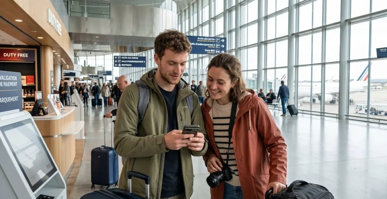 Deux voyageurs à l'aéroport moderne consultant un smartphone pour vérifier un paiement mobile, valises en arrière-plan