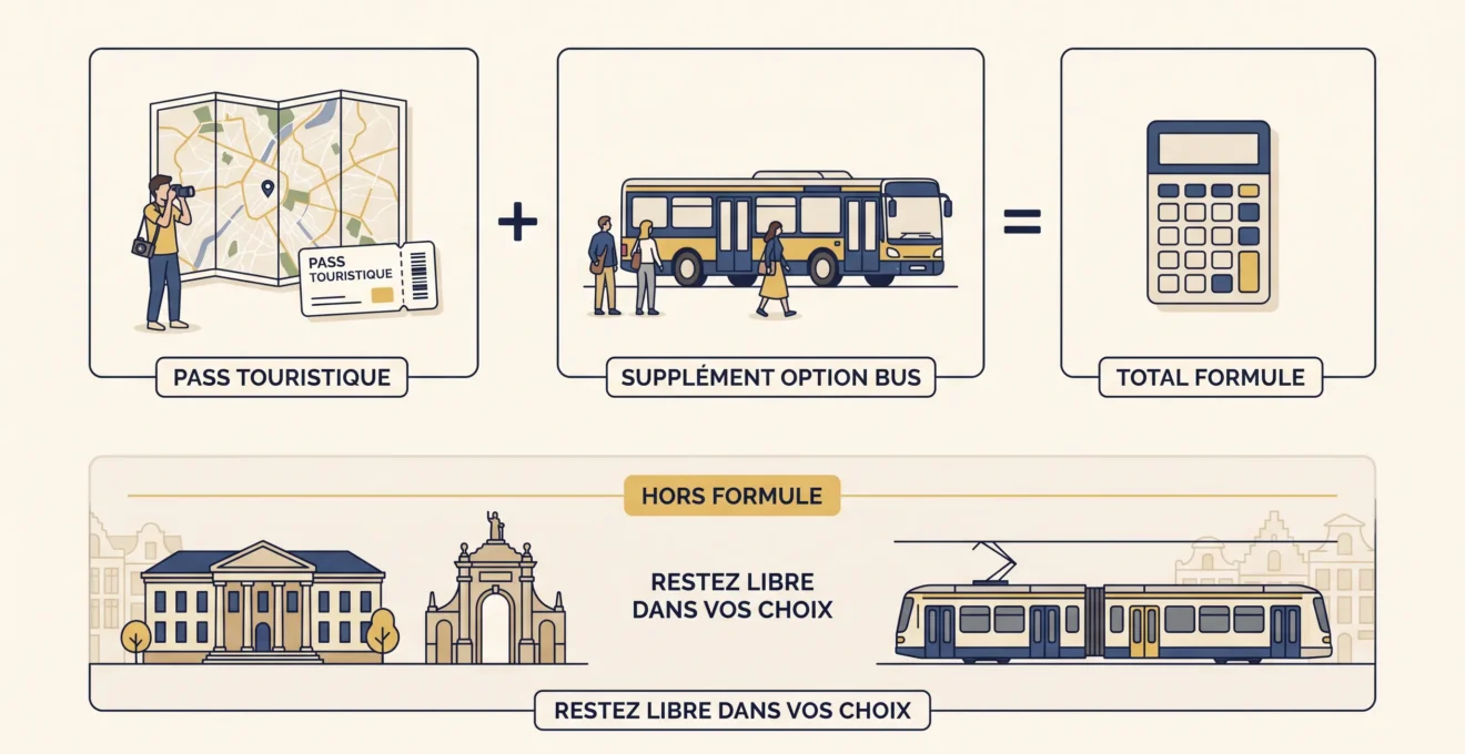 Schéma montrant un tarif de pass, son option bus et les activités supplémentaires