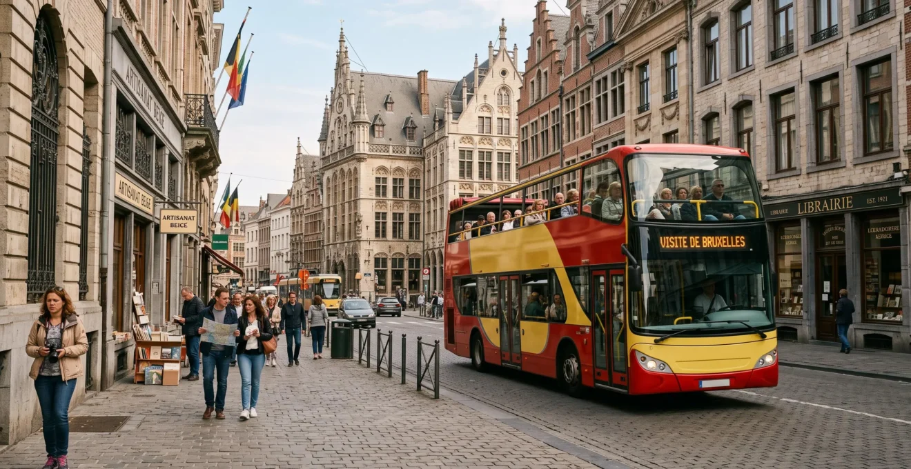 Bus panoramique dans une rue de Bruxelles bordée d’édifices historiques