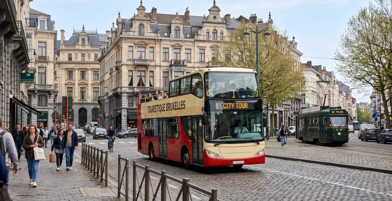 Bus panoramique dans une rue de Bruxelles bordée d’édifices historiques