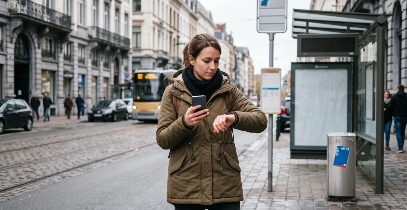 Voyageur consultant un horaire de bus touristique sur téléphone près d’un arrêt